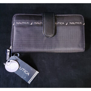 Nautica Wallet Black Microfiber Money Credit Cards Tab Clutch New w/ Tags Zipper
